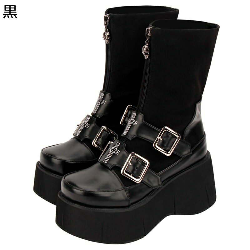 21.5-28.5cm ショートブーツ 大きいサイズ レディース靴 短靴 ハイヒール ベルト モンクストラップ エナメル ジップ プラットフォーム ラウンドトゥ ウェッジヒール 秋 冬 パンク ユニーク