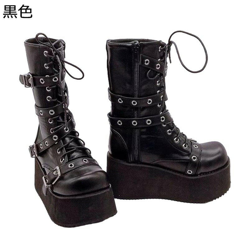 パンク ショットブーツ 厚底 大きいサイズ バックル ロック 8cmアップ プラットフォーム ゴスロリ ゴシックパンク ブラッククールゴス 秋 冬 プラットフォーム レースアップ 革靴 かっこいい モード系