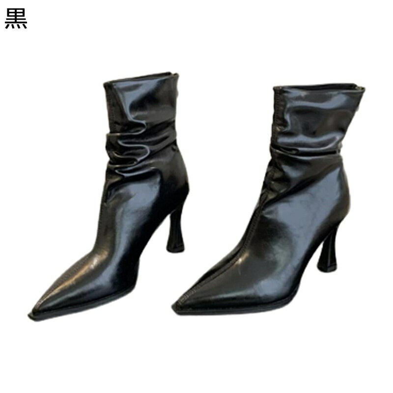 エナメル ショートブーツ レディース ドレープ ジッパー ピンヒール ブーティー ポインテッドトゥ 秋冬..