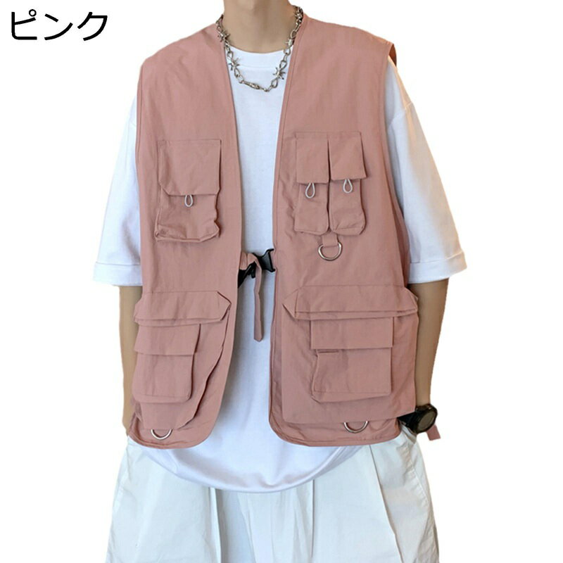 チョッキ ベスト マルチポケット 袖無しジャケット 春服 夏服 メンズ 前開き ベルト飾り ショート丈 薄..