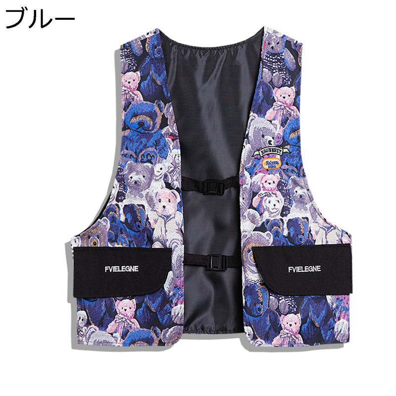 チョッキ ベスト 総柄 熊柄 ショート丈 無袖ジャケット 夏着 春着 メンズ 前開き かわいい かっこいい カジュアル ゆったり 涼しい 暑..