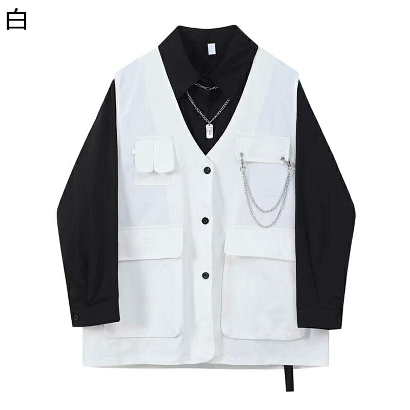 カジュアルベスト メンズ おしゃれ チェーン飾り 袖なし 重ね着 チョッキ ジレ 通気性 薄手 ノースリーブジャケット ゆったり 春夏秋着 コーディネート 通勤通学 モード系 ユニセックス 無地