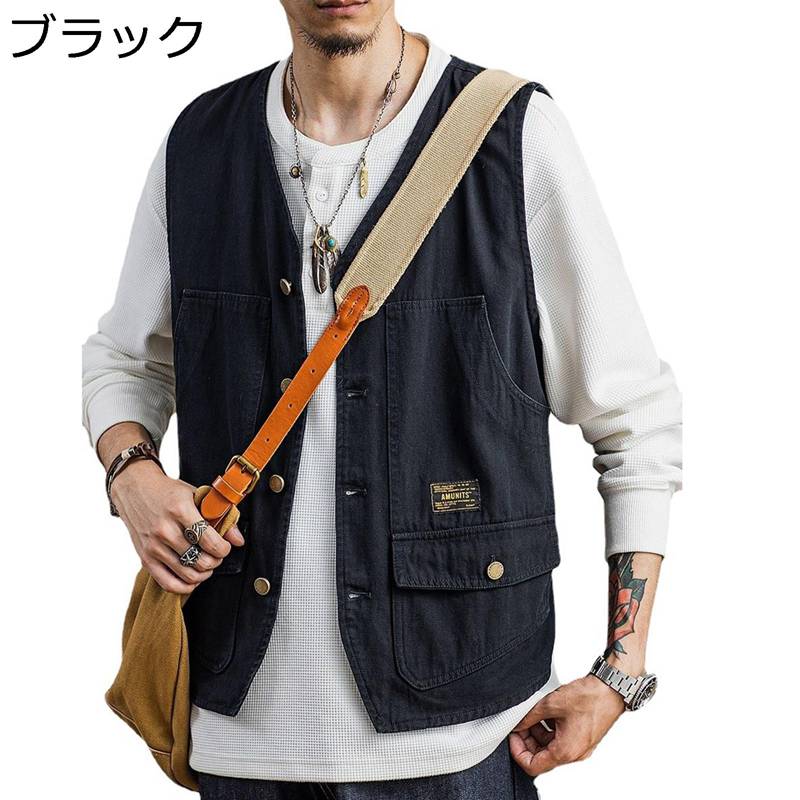 フィッシングベスト メンズ アウトドアベスト カメラマン Vネック ジレ チョッキ レイヤード ポケット付き レトロ 通気性いい 袖なし アウター カジュアル キャンプ 撮影 作業用 春夏秋用 無地