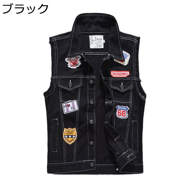 ジージャン デニムベスト バイクチョッキ メンズ 大きいサイズ パッジ ワークベスト ノースリーブ 春秋用 上着 ポケット付き 体型カバー 前開き お釣り お洒落 軽量 防風 バイク用 カメラマン レトロ