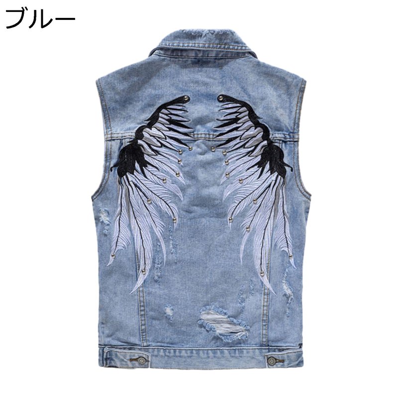 Gジャン デニムベスト バイクチョッキ メンズ 翼刺繍 ワークベスト 折り襟 ノースリーブ 四季通用 アウター ポケット付き 着痩せ 前開き 防風 バイク用 カメラマン かっこいい 作業着 ウォッシュ加工
