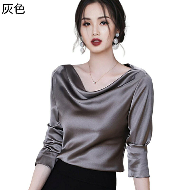 シルク ブラウス ボートネック レディース 長袖 シャツ ドレープ 無地 トップス 体型カバー 襟付き 柔らか 大人セクシー きれいめ ファ..