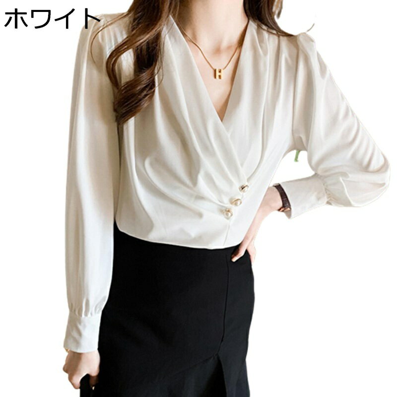 ブラウス 長そで フリルシャツ ノーカラー vネック カシュクール レディース パフスリーブ パールボタン 春秋服 プルオーバー フェミニン 体型カバー 韓国可愛い きれいめ 柔らか 上着 フォーマル OL