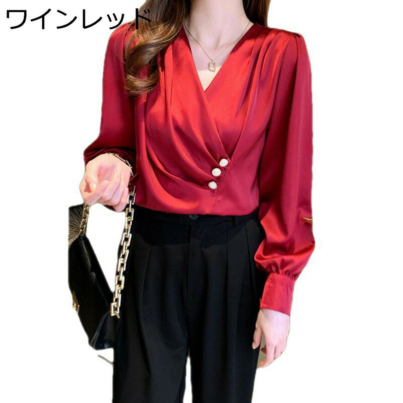 ブラウス 長そで フリルシャツ ノーカラー vネック カシュクール レディース パフスリーブ パールボタン 春秋服 プルオーバー フェミニン 体型カバー 韓国可愛い きれいめ 柔らか 上着 フォーマル OL