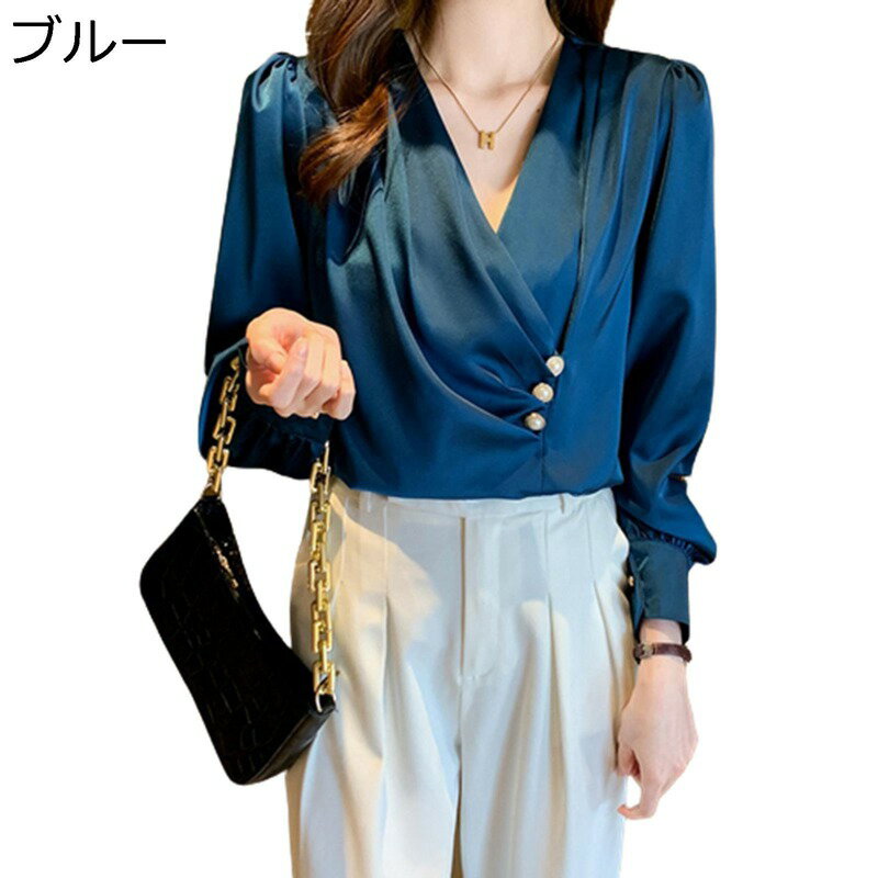 ブラウス 長そで フリルシャツ ノーカラー vネック カシュクール レディース パフスリーブ パールボタン 春秋服 プルオーバー フェミニン 体型カバー 韓国可愛い きれいめ 柔らか 上着 フォーマル OL