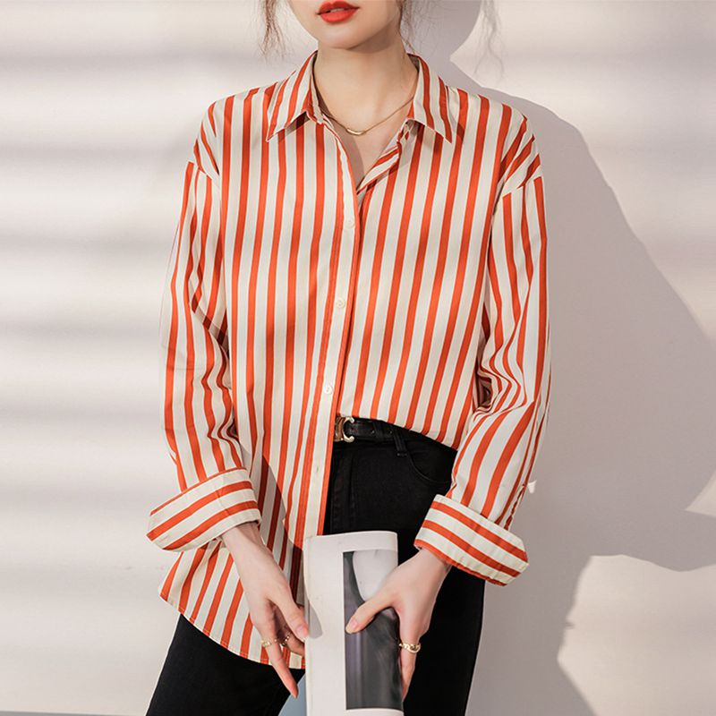 ブラウス 長そで ストライプ柄 ロングシャツ レディース 折り襟 ボタン式 カジュアル 春秋服 薄手 柔らか 着痩せ リボン 韓国 かわいい きれいめ カットソー トップス 通勤通学 デート オフィス