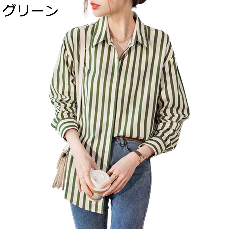 ブラウス 長そで ストライプ柄 ロングシャツ レディース 折り襟 ボタン式 カジュアル 春秋服 薄手 柔らか 着痩せ リボン 韓国 かわいい きれいめ カットソー トップス 通勤通学 デート オフィス