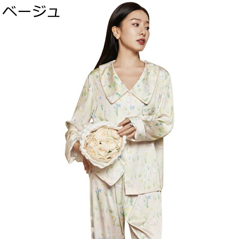 パジャマ レディース 長袖 春夏秋 ルームウェア 家着 ウサギ柄 レーヨン シルク風 前開き 折り襟 上下セット ロングパンツ 薄手 通気 吸湿 肌触り 快適 ゆったり かわいい 女性 着心地 気持ちいい
