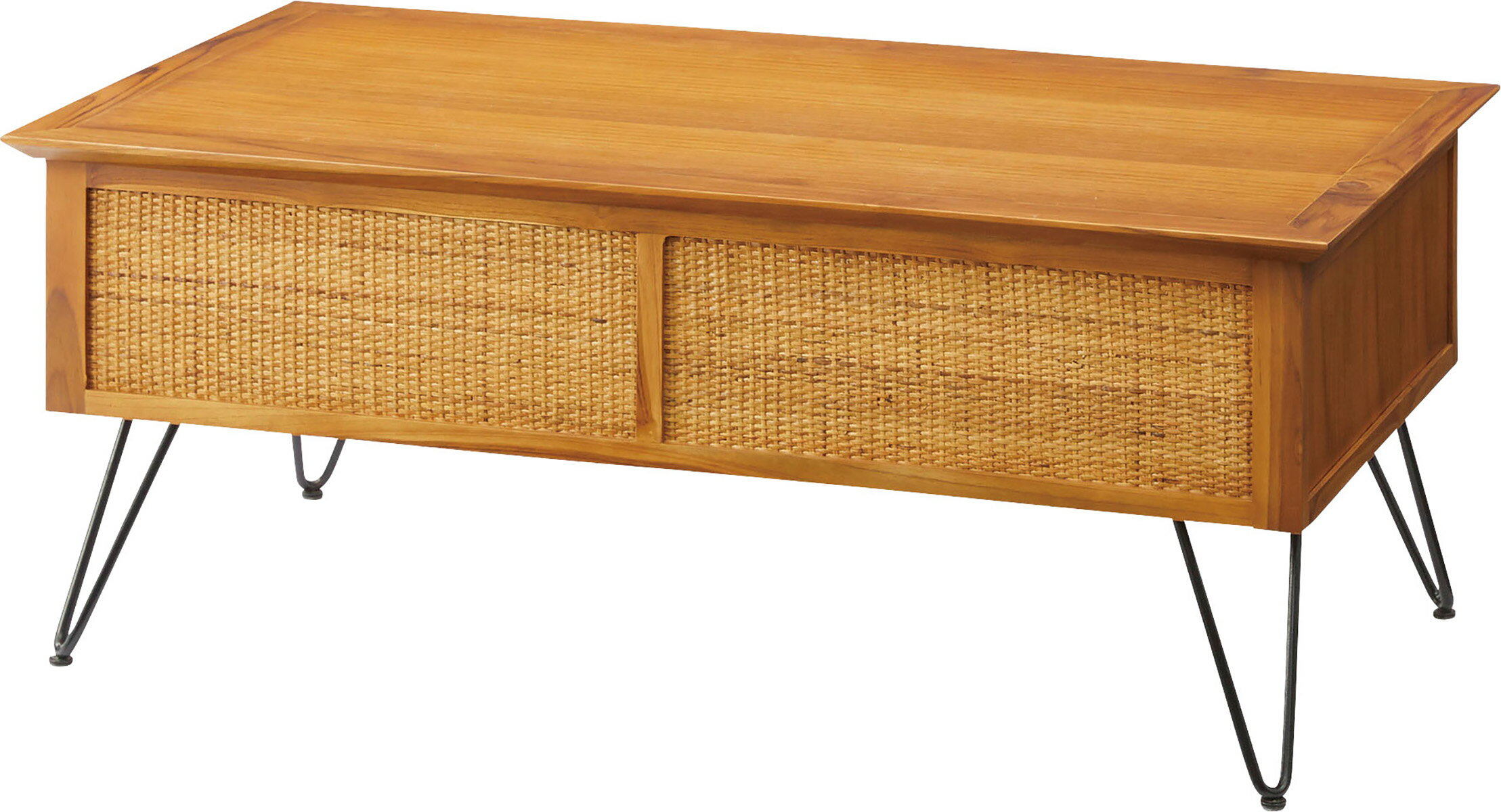 東谷 テーブル センターテーブル W100×D50×H40 ブラウン GUY-371 4985155220113 ソファーテーブル 収納付き 引出し ラタン 籐 スチール脚 ブラック 黒 華奢な脚 天然素材 四角 スクエア 北欧 おしゃれ リゾート 天然木(チーク) ラタン ラッカー塗装 スチール(粉体塗装)