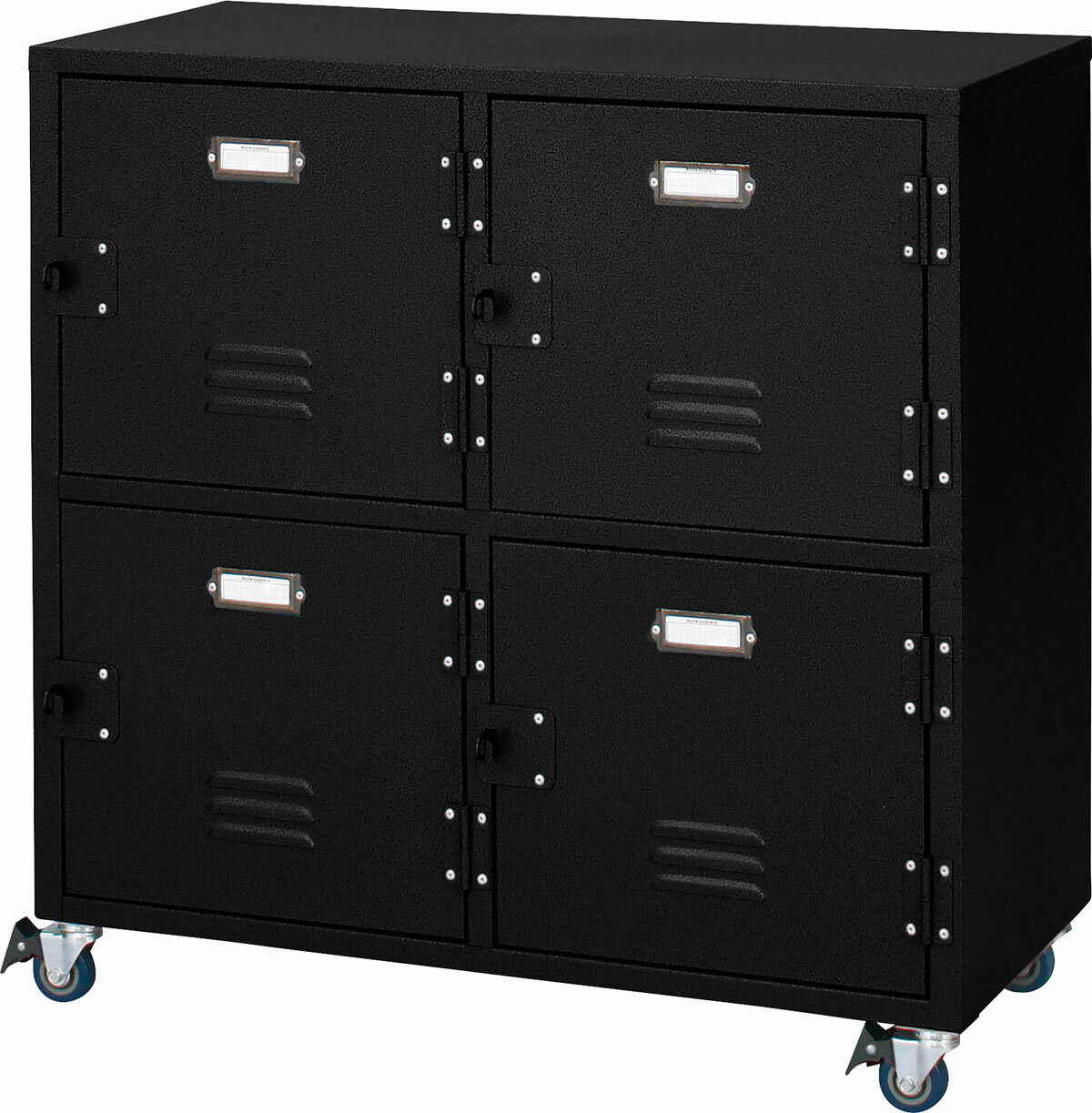 東谷 ストレージ ラルド チェスト4D W75×D37×H75 ブラック TPN-31BK 4985155200047 収納 ロッカー 扉付き キャビネット 2段 2列 くすみカラー キャスター付 リビング ネームプレート ヴィンテージ ルーバーカット 青 黒 スチール(粉体塗装) ハンマートーン仕上