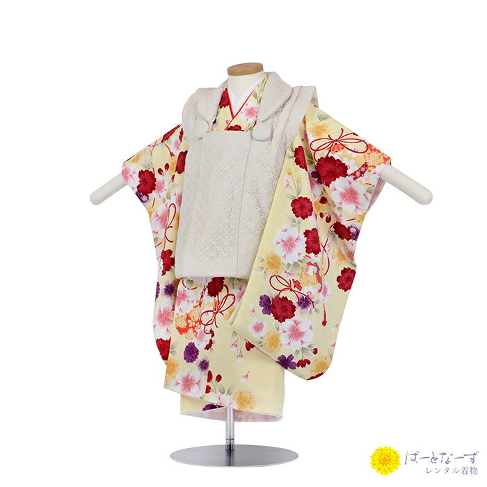 【七五三女児 被布セットレンタル】オフ白 重ねレース 黄色地 桜 まり 三歳児 被布 女の子 巾着 髪飾り 2歳 3歳 054【往復送料無料】【七五三レンタル】...