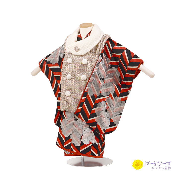 【七五三女児 被布セットレンタル】ツイード ピンク 着物 三歳児 被布 女の子 巾着 髪飾り 3歳 015【往復送料無料】【七五三レンタル】【きものレンタル】【...