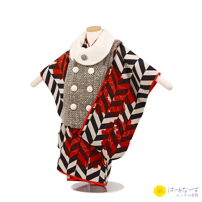 【七五三女児 被布セットレンタル】ツイード 赤 着物 三歳児 被布 女の子 巾着 髪飾り 3歳 016【往復送料無料】【七五三レンタル】【きものレンタル】【レン...