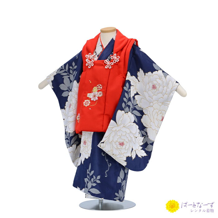 【七五三女児 被布セットレンタル】ネイビー 梅 芍薬 着物 三歳児 被布 女の子 巾着 髪飾り 3歳 024【往復送料無料】【七五三レンタル】【きものレンタル】...