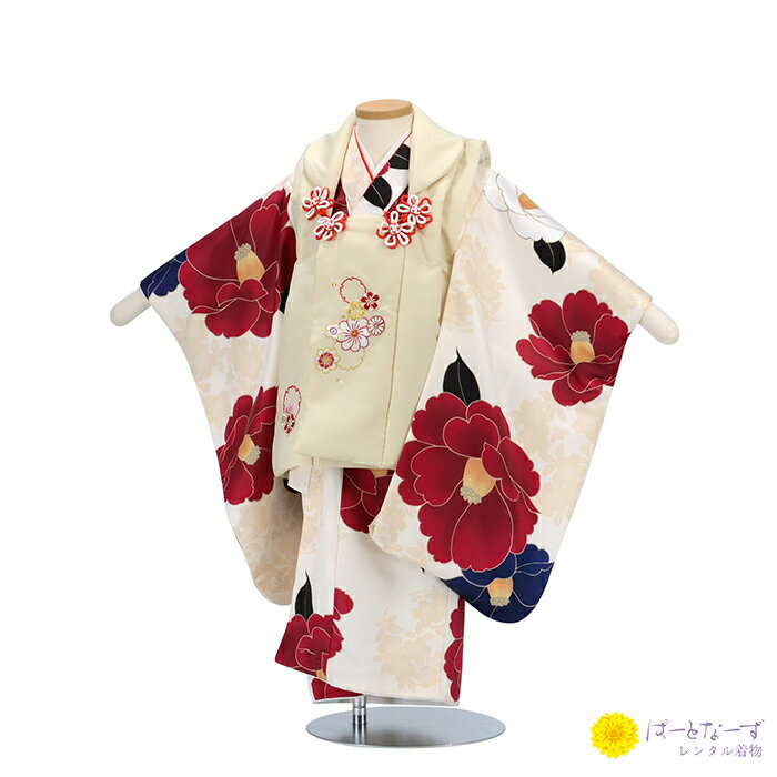 【七五三女児 被布セットレンタル】椿 梅 ライトベージュ 着物 三歳児 被布 女の子 巾着 髪飾り 3歳 025【往復送料無料】【七五三レンタル】【きものレンタ...