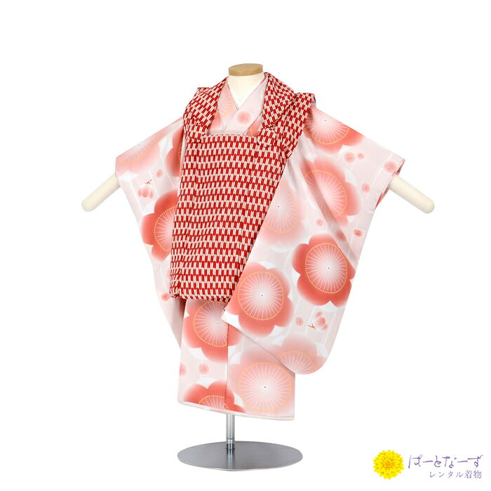【七五三女児 被布セットレンタル】赤矢絣 ピンク梅 着物 三歳児 被布 女の子 巾着 髪飾り 2歳 030【往復送料無料】【七五三レンタル】【きものレンタル】【...
