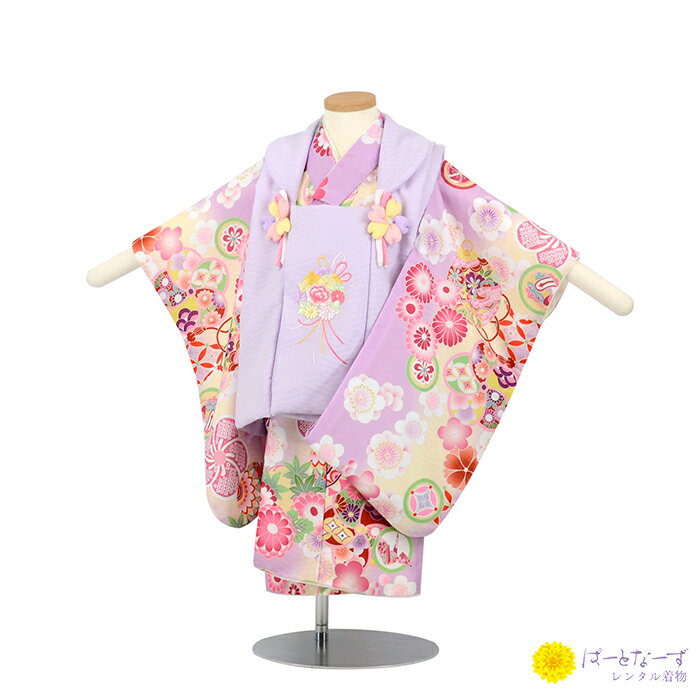 【七五三女児 被布セットレンタル】藤色 まり 着物 三歳児 被布 女の子 巾着 髪飾り 2歳 3歳 046【往復送料無料】【七五三レンタル】【きものレンタル】【...