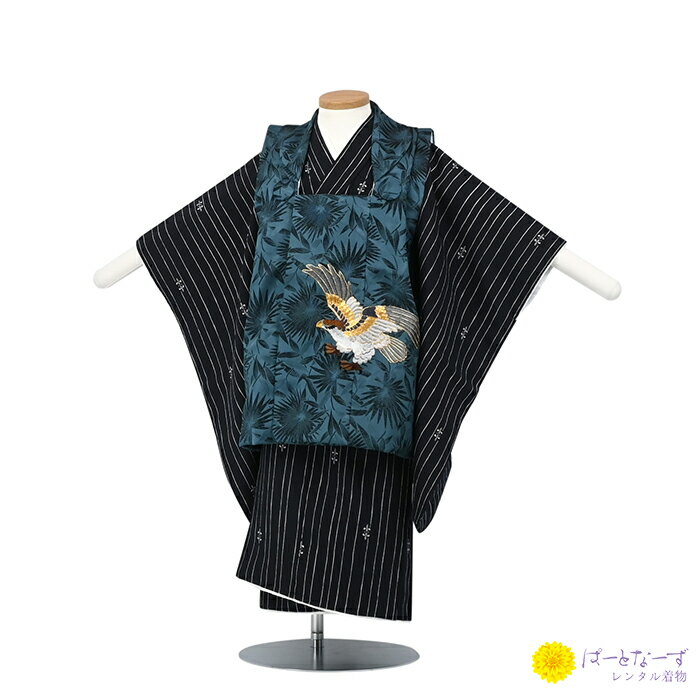 【レンタル】七五三 男児 被布セット三歳児 レンタル 鷹 青系/黒 刺繍 被布 男の子 3歳 和装 フルセット 着物 3才 お参り 写真 晴れ着 和装 レンタル...