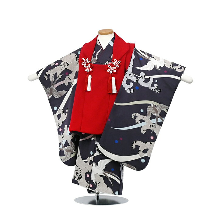 【レンタル】七五三 男児 被布セット三歳児 レンタル 赤/ネイビー 波につばめ 被布 男の子 3歳 和装 フルセット 着物 3才 お参り 写真 晴れ着 和装 レンタル着物 753 被布 フルセット 男の子 男子 節句 人気 往復送料無料 【きものレンタル】 385