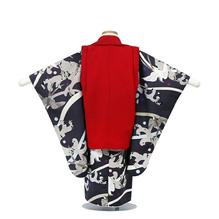 【レンタル】七五三 男児 被布セット三歳児 レンタル 赤/ネイビー 波につばめ 被布 男の子 3歳 和装 フルセット 着物 3才 お参り 写真 晴れ着 和装 レンタル着物 753 被布 フルセット 男の子 男子 節句 人気 往復送料無料 【きものレンタル】 385