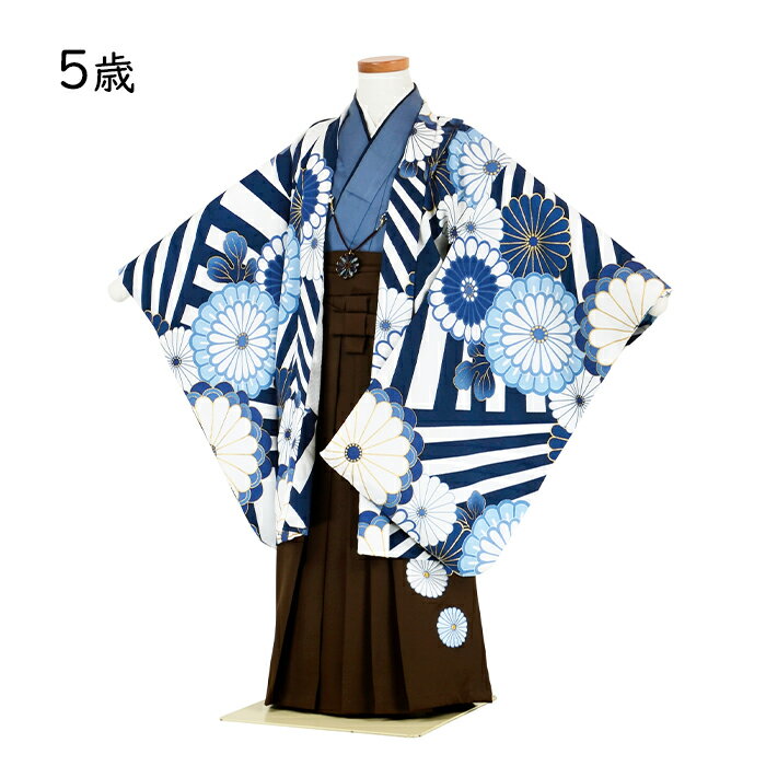 七五三 男児 5歳 袴 レンタルセット かんたん着付け 115 ラフィネココ モノクラシック ブルー／袴ブラウン 菊 簡単着付け 5才 羽織袴 男の子 祝い 着物 七五三きもの 753 和服 着物レンタル はかま 和装 お正月 七五三セット 往復送料無料 子ども 【レンタル】 2