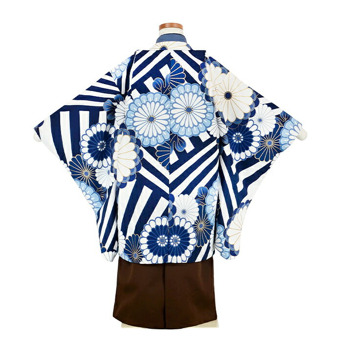 七五三 男児 5歳 袴 レンタルセット かんたん着付け 115 ラフィネココ モノクラシック ブルー／袴ブラウン 菊 簡単着付け 5才 羽織袴 男の子 祝い 着物 七五三きもの 753 和服 着物レンタル はかま 和装 お正月 七五三セット 往復送料無料 子ども 【レンタル】 3