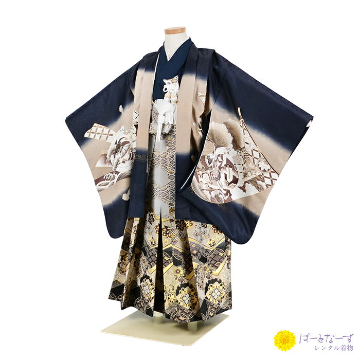 七五三 男児 5歳 袴 レンタルセット かんたん着付け 5-118 鷹 松 小槌 ネイビー 5才 羽織袴 男の子 祝い 着物 七五三きもの 753 和服 着物レンタル はかま 和装 お正月 七五三セット 往復送料無料 子ども 【レンタル】