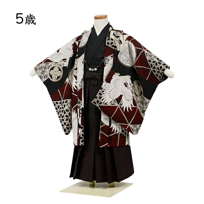 【七五三】 男児 5歳 袴 レンタルセット かんたん着付け ジャパンスタイル 鷹 赤/黒 濃茶袴 5才 羽織袴 男の子 祝い 着物 七五三きもの 753 和服 着物レンタル はかま 和装 お正月 七五三セット 往復送料無料 子ども n5-e5【レンタル】 2