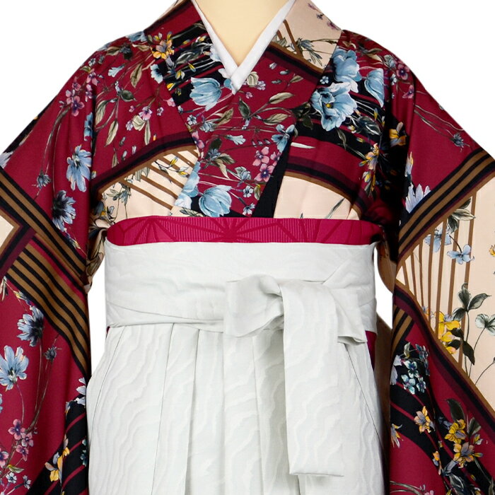 【きものレンタル】卒業袴セット 女性 花柄 ピンク 白波袴 スカーフ調柄n-058 フルセット 学生 先生 教員 大人 袴レンタル 和装 卒業式 着物 袴 レンタル 入学式 謝恩会 お祝い【往復送料無料】