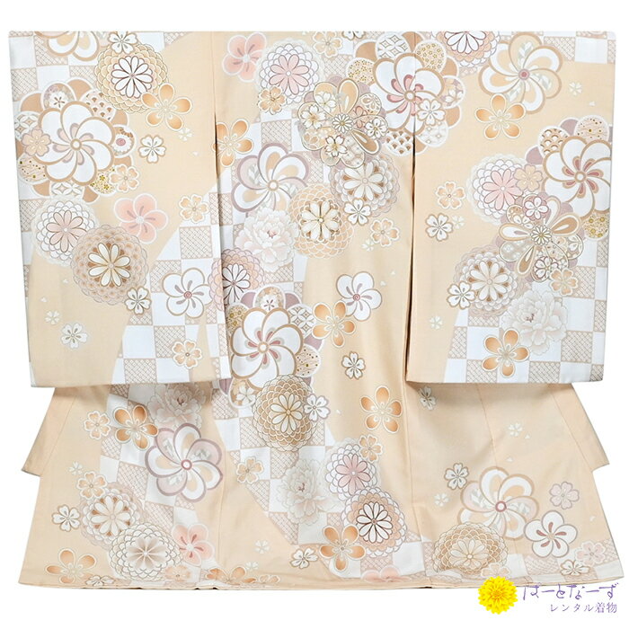 【レンタル】お宮参り 産着 薄オレンジ ねじり梅 桜 菊 牡丹 金 黄色 女の子 記念撮影 レンタル ベビー..