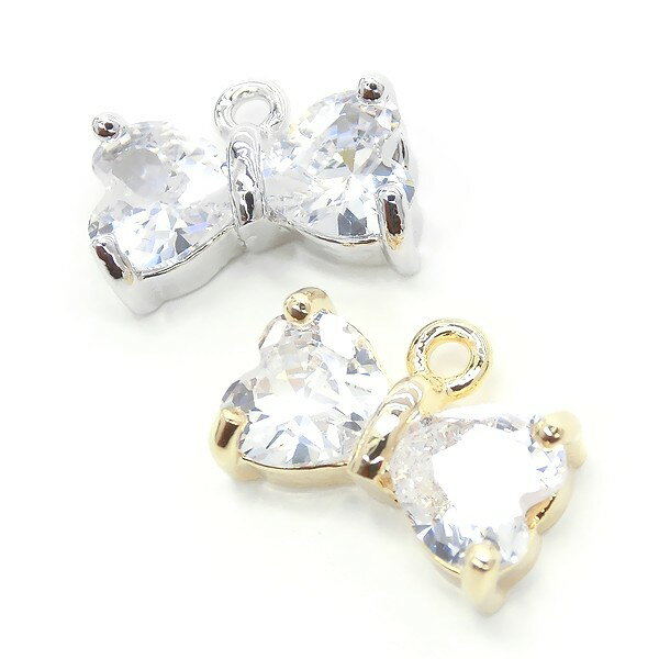 1個 チャーム キュービックジルコニア Cubic zirconia りぼん リボン ハートのリボン crystal ストーン クリスタル 高品質 上質鍍金 K16GP 本ロジウム ゴールド シルバー ブリリアントカットジルコン ピアス プチペンダント ネックレス ハンドメイド