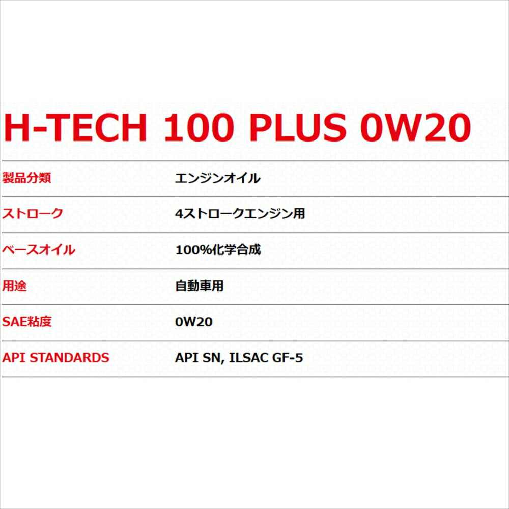 スタンダードエンジンオイル H-TECH 100 PLUS SP 0W20 20L マツダ プレマシー CREW LF-DE 平成17年2月～平成19年9月 2WD 4A/T 2000cc 3