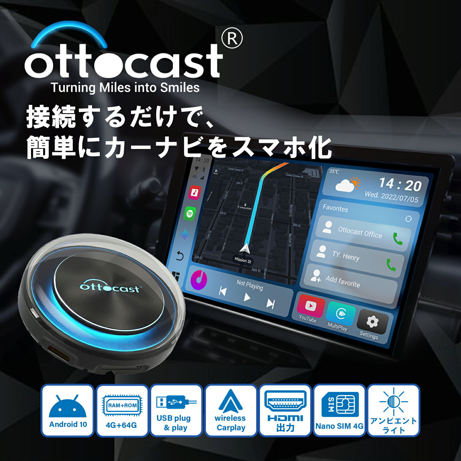 【期間限定ポイントアップ】国内正規代理店 ottocast オットキャスト PCS40 ピカソウ2 picasou2 車内でユーチューブYouTubeやネットフリックスNetflix アマゾンプライムなどがみれる ai box CarPlay カープレイ アンドロイドオート