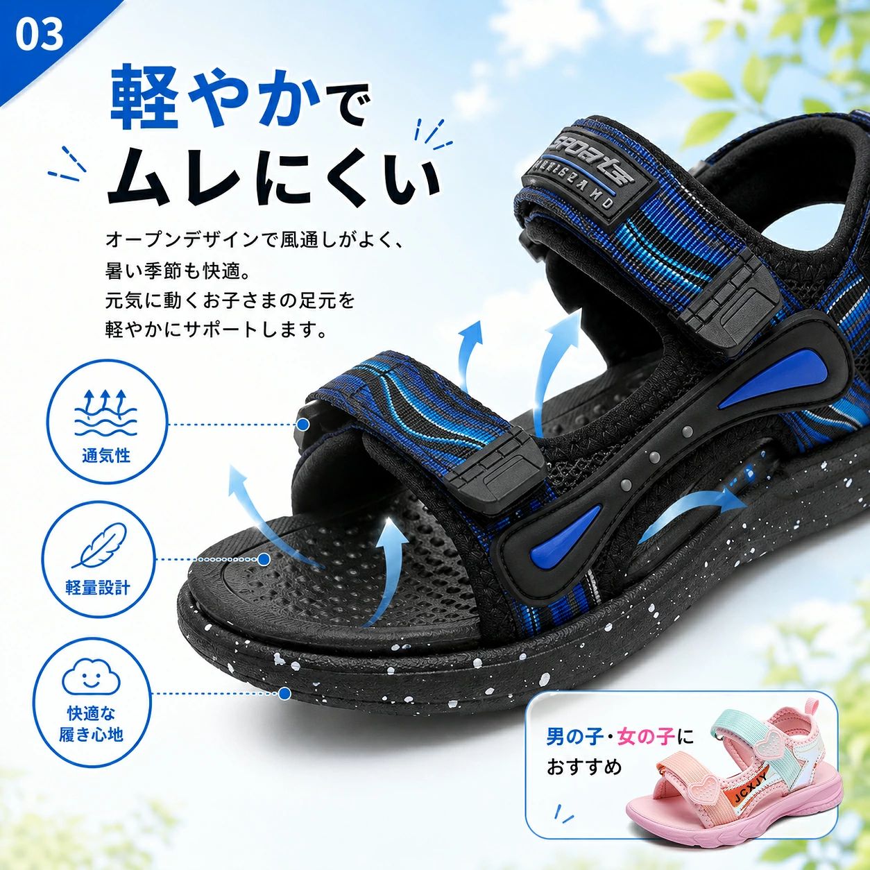 サンダル キッズ 子供 男の子 女の子 子供靴 スポーツサンダル キッズサンダル 軽量 通気 面ファスナー 2本ベルト 滑りにくい 柔らかい ビーチサンダル 水遊び 通園 通学 アウトドア - 3