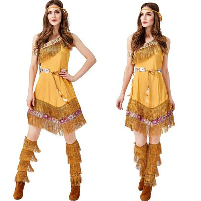 インディアンガールズ インディアン 原始人 ハロウイン衣装 アボリジン 野人 コスチューム 民族衣装 5点セット レディース コスプレ衣装 仮装 H