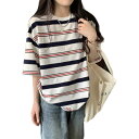 ボーダー トップス レディース カットソー ロンT ボーダーロングTシャツ ボーダーTシャツ ゆったり 大きいサイズ 半袖 クルーネック シンプル