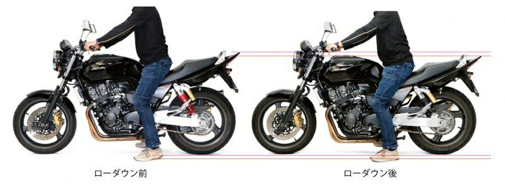 ◆適合車種 HONDA CB400SB '2008 〜 '2020 HONDA CB400SB(ABS) '2008 〜 '2020 HONDA CB400SF '2008 〜 '2020 HONDA CB400SF(ABS) '2008 〜 '2020スプリングの自由長を大きく変えずに、レート変更と油面調整で車高を下げるハイパープロならではのローダウンスプリング。しなやかに衝撃を吸収し、奥で踏ん張るコンスタントライジングレートの滑らかな乗り心地をお楽しみください。 ハイパープロ社が独自設計する『コンスタントライジングレート』をもつサスペンションスプリング。 サスペンションの動きに追従してバネレートが常に変化。柔らかすぎず硬すぎない状態を維持し、高負荷のコーナリングや急ブレーキ時も踏ん張る力を併せ持ちます。 ・コーナー手前のブレーキング時におけるキャスタの変化を適正化し、次の動作に移りやすくします。コーナリング中の細かなギャップを吸収し、乗り手の邪魔となる振動をなくします。 ・通常のスプリングと違い一定のバネレートがないため、共振することがありません。 ・ハイパープロ社の本拠地オランダでは、救急バイク全車にハイパープロのスプリングが装着されています。 ■リアスプリングの色について ・モノショック用…パープル ・ツインショック用…ブラック ※一部例外車種については製品ページの「ご注意」欄にその旨記載がございます。 ●各スプリング品番に掲載のセッティングデータを参照して基準のセッティングを行ってください。 ●30mm以上のローダウンの場合、車体状態によってショートサイドスタンドが必要な場合があります。プリロード調整ができる車種は、サイドスタンドが使用できるローダウン量に調整しながらセッティングを行ってください。 品番：22013521 JANコード：4538792930725 備考：【フロントセッティング】プリロード3段目/サグ35mm/突き出し10mm スプリング部材番号：1438 フォークオイル番手/油面：- プリロード調整：5 段目 サグ値：30 MM コンプレッション調整：調整なし リバウンド調整：調整なし セッティング備考