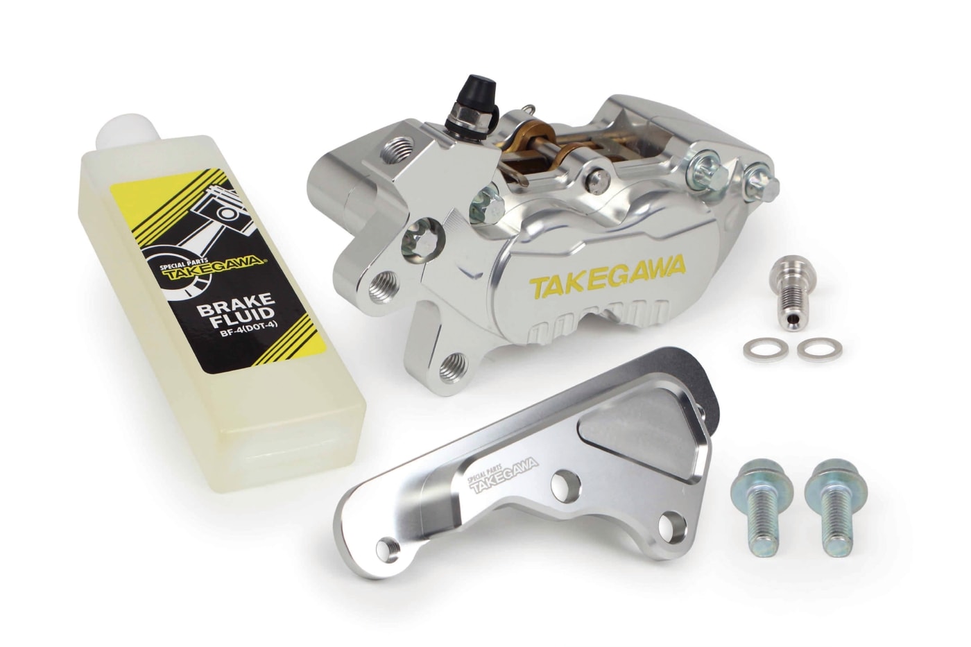 ◆適合車種 ADV150 ADV160■ 詳細 ■アルミビレット4POTキャリパーフロントセットは、SP武川製アルミビレット4POTキャリパーにフロントキャリパーブラケットキット、ブレーキフルード(200cc)が付属しています。 ■アルミビレット4POTキャリパー 強度と耐久性に優れたアルミ二ウム鍛造材を精巧に削り出し、表面にカラーアルマイトを施したデザイン性の高い“アルミビレット4Pキャリパー”です。 本製品を装着することで、強力なストッピングパワーを発揮し、ストリートからスポーツ走行まで幅広くご使用していただけます。 又、SP武川オリジナルの内部構造を採用し、細部にわたり、高精度に仕上げている為、ブレーキング時の細かなブレーキタッチが可能となり、コントロール性能が格段に向上します。 キャリパー中央にSP武川ロゴの掘り込み加工を行い、耐熱塗料にて塗装を施しています。 取付けピッチ:40mm ピストン径:Φ27mm/Φ32mm ■フロントキャリパーブラケットキット(4POTキャリパー用)SP武川製アルミビレット4POTキャリパーを装着できるキャリパーブラケットです。 キャリパーブラケットはアルミ材を削り出し十分な強度を持たせております。 表面には、耐食性に優れたアルマイト処理を行っております。 SP武川ロゴ入り ■ 詳細 ■純正フロントディスクローター、純正フロントブレーキホースの同時装着が可能です。 ■ 注意事項 車両の個体差により、パッドがディスクローターのあたり面にから少しはみ出すものがあります。 その場合、パッドを少し削る必要があります。 4POTキャリパーを装着した場合、純正キャリパーよりもピストン径が大きくなりますので、ブレーキレバーの握り幅が大きくなります。 予めご了承ください。 ■