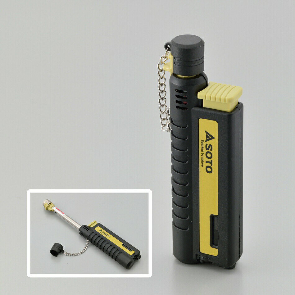 火口が伸びる小型耐風バーナー。 使用時は伸ばして安全に、非使用時は縮めてコンパクトに収納できます。 セーフティーロック機能付きだから、運搬時の誤点火を防止します。 ●本体サイズ：高さ115〜185×幅38×奥行18(mm) ●重量：52g ●火炎温度：1300度 ●燃料：充てん式。カセットガスからの充てんが可能。