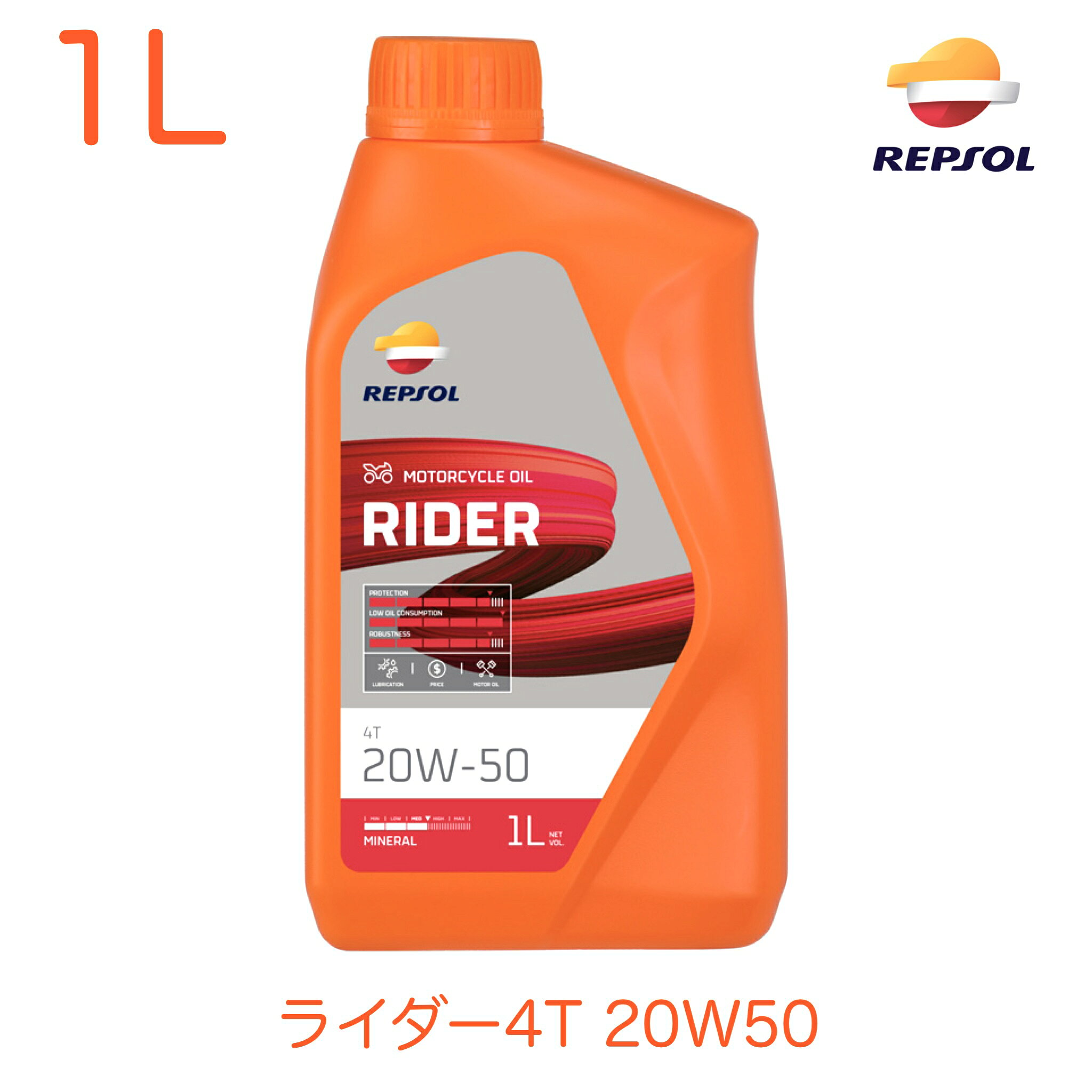 【商品詳細】 ・メーカー：REPSOL（レプソル） ・商品品番：007439 ・JANコード：8410921053818 ・容量：1L　(選択：1本　12本(1ケース)) 【注意】 REPSOL　レプソル　純正商品となります。詳細はメーカーホームページにてご確認下さい。 ※必ず、お車の純正品番に該当する対応品番かどうかをご確認の上、部品を間違えないようお客様にてご判断頂きご購入下さい。 【商品説明】 ライダー4T 20W-50 鉱物油 API SL JASO MA2 ライダーレンジ　ライダーの為に考えられた万能で親しみやすいオイル ヨーロッパを代表するブランド「レプソル」 レプソルは、世界11ヵ国に良質なオイルガス油田を持つ、総合石油企業です。 単に原油を精製するだけでなく、その探査・採掘からガソリンをはじめとする石油製品の生産、輸送までを一貫して手がけ、国際的に最高水準のテクノロジーセンターも保有しています。 欧州車メーカーにも支持されているレプソルオイルの高品質は、良質なベースオイルと、高い技術力に裏付けされています。