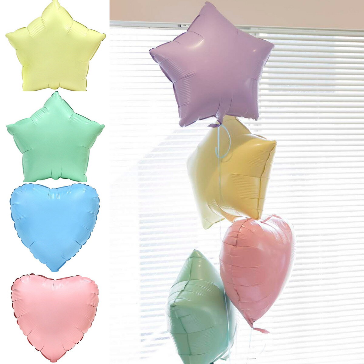 パステルカラー マカロンカラー アルミバルーン ハート型、星型 5枚入り 【メール便OK】