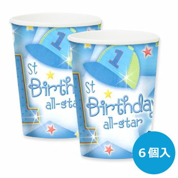楽天パーティーフェーバーファースト バースデー 紙コップ オールスター 6個入 266cc 9オンス 1歳のお誕生日 紙カップ ライトブルー 男の子 スポーツ 野球 サッカー バスケットボール ラグビー 水色 【あす楽】