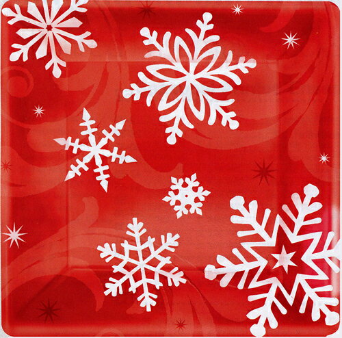 楽天パーティーフェーバークリスマス 紙皿 スノーフレーク レッド 8枚 メタリック 25.8cm 10インチ メタリック スクエア アメリカ製 雪の結晶