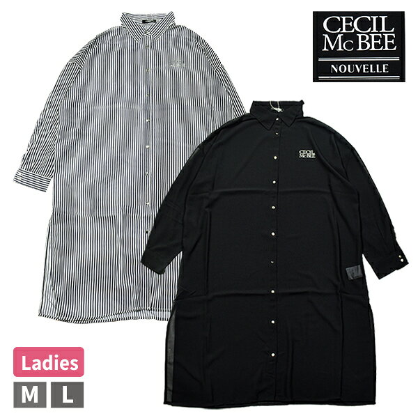 セシルマクビー CECILMcBEE レディース トップス シアーシャツ ワンピ ワンピース 長袖 ストライプ ネイビー ブラック 345331-500 【1点までメール便可】