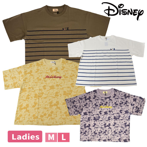 Rakuten - [オンライン限定SALE] Disney（ディズニー）半袖シャツ M L レディース 婦人 Tシャツ かわいい おしゃれ ミッキー 総柄ボーダー【1点までメール便可】