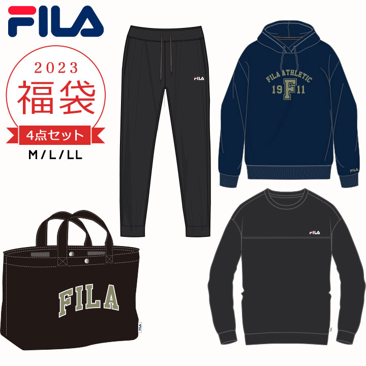 【予約】福袋 2023 メンズ フィラ FILA スポーツ ルームウェア 4点セット M L LL 2023年 新作福袋 スウェットパーカー スウェットトレーナー スウェットロングパンツ 布帛トートバッグ 大人 男性 シンプル